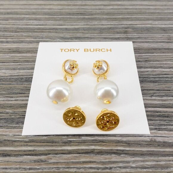 Tory Burch Saher Logo Drop Earrings Ivory/Tory Gold OS - Picture 3 of 12